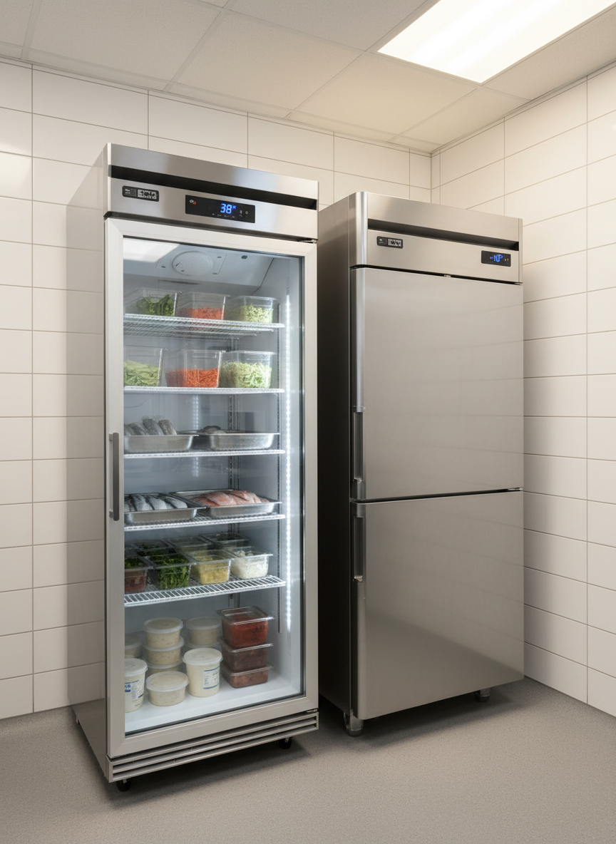 A bright, well-organized commercial kitchen corner featuring a tall, glass-door upright refrigerator and a matching stainless-steel freezer unit, both with clear digital temperature displays glowing a cool blue. The brushed metal surfaces are spotless, reflecting the warm overhead LED panel lighting and clean tiled walls. Inside the glass-door unit, neatly arranged containers and trays sit on adjustable wire racks, everything clearly visible and orderly. Photographic realism with a slightly elevated angle and moderate depth of field keeps all appliances in sharp focus. The atmosphere is efficient, hygienic, and dependable, highlighting professional-grade refrigeration that keeps ingredients perfectly chilled and ready for use.