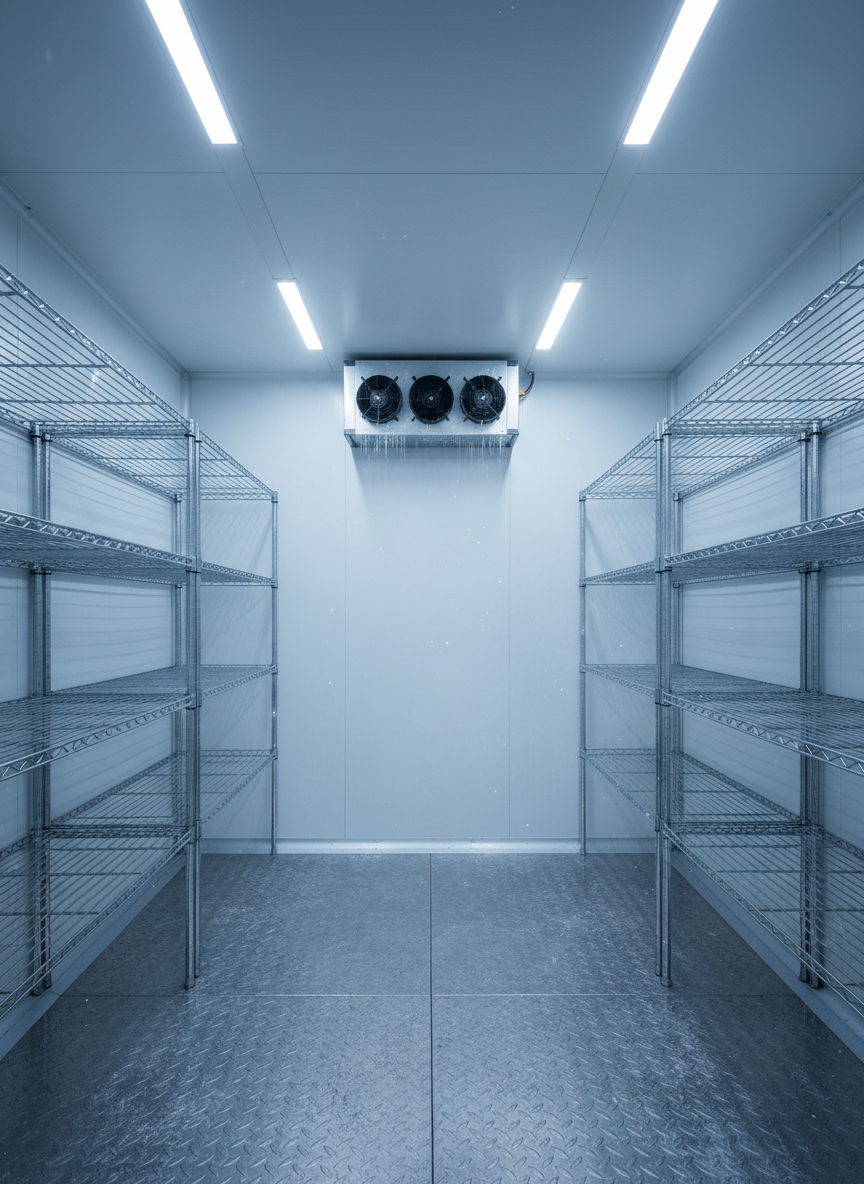 The interior of a modern commercial walk-in freezer, photographed in crisp detail, featuring heavy-duty white insulated panels, anti-slip metal flooring, and rows of stainless-steel wire shelving. A compact but powerful evaporator unit is mounted high on the back wall, with clean aluminum fins and neatly arranged fans, gently misted with a light frost. LED strip lighting along the ceiling creates a cold, bluish-white glow, catching small ice crystals on surfaces and casting subtle, sharp-edged shadows. The air appears visibly chilled yet controlled, conveying dependable low-temperature performance. The composition uses a centered, symmetrical view, emphasizing depth, precision, and reliable frozen storage.