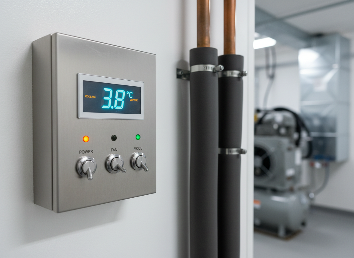 A close-up, photographic view of a sleek commercial refrigeration control panel mounted on a clean white wall, featuring a bright digital temperature readout, status LEDs, and clearly labeled stainless-steel switches. Heavy-gauge insulated copper pipes run vertically beside it, wrapped in dark foam insulation and neatly clamped in place. In the softly lit background, slightly out of focus, hints of a compressor unit and ducting suggest a technical service room. Cool, even artificial lighting creates minimal shadows and emphasizes precision and reliability. Shot at a slight side angle with shallow depth of field, the composition feels clean, modern, and engineered for dependable climate control.