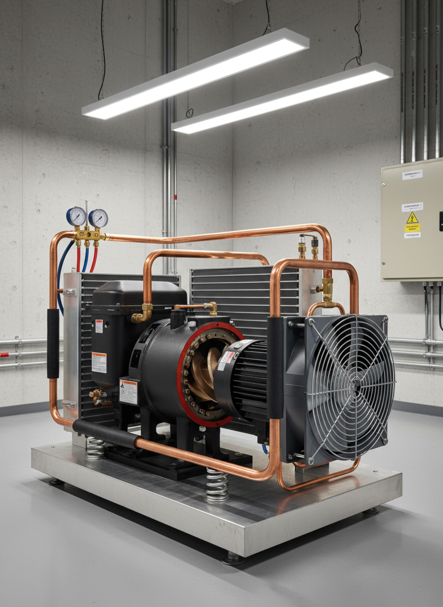 A detailed, photographic cutaway-style view of a commercial refrigeration compressor unit installed in a clean mechanical room. The matte-black compressor housing sits on a vibration-damped metal base, connected to bright copper refrigerant lines with perfectly formed bends and insulated sections. A high-efficiency condenser coil and quiet axial fan are arranged beside it, with a small service manifold gauge set attached for diagnostics. Overhead, fluorescent-style LED fixtures cast neutral, even light, revealing every bolt, label, and wire. The background includes tidy conduit runs and a labeled electrical panel, all slightly softened. The mood is technical and trustworthy, emphasizing precision engineering and maintainable cooling infrastructure.