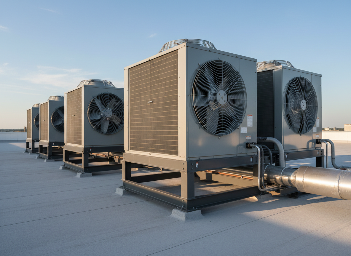 An industrial rooftop scene showcasing a row of large commercial air conditioning condensing units, each with prominent metal fan grilles and neatly aligned aluminum fins. The units sit on raised steel platforms above a flat, light-gray roof membrane, with neatly routed refrigerant lines and conduits connecting them. Late afternoon natural light casts soft, elongated shadows, highlighting the geometry of the metal casings and fans. The sky is clear and pale blue, suggesting efficient operation on a warm day. Photographic realism, captured from a low, slightly angled perspective, emphasizing scale, robustness, and reliability of the cooling systems in a clean, contemporary commercial environment.
